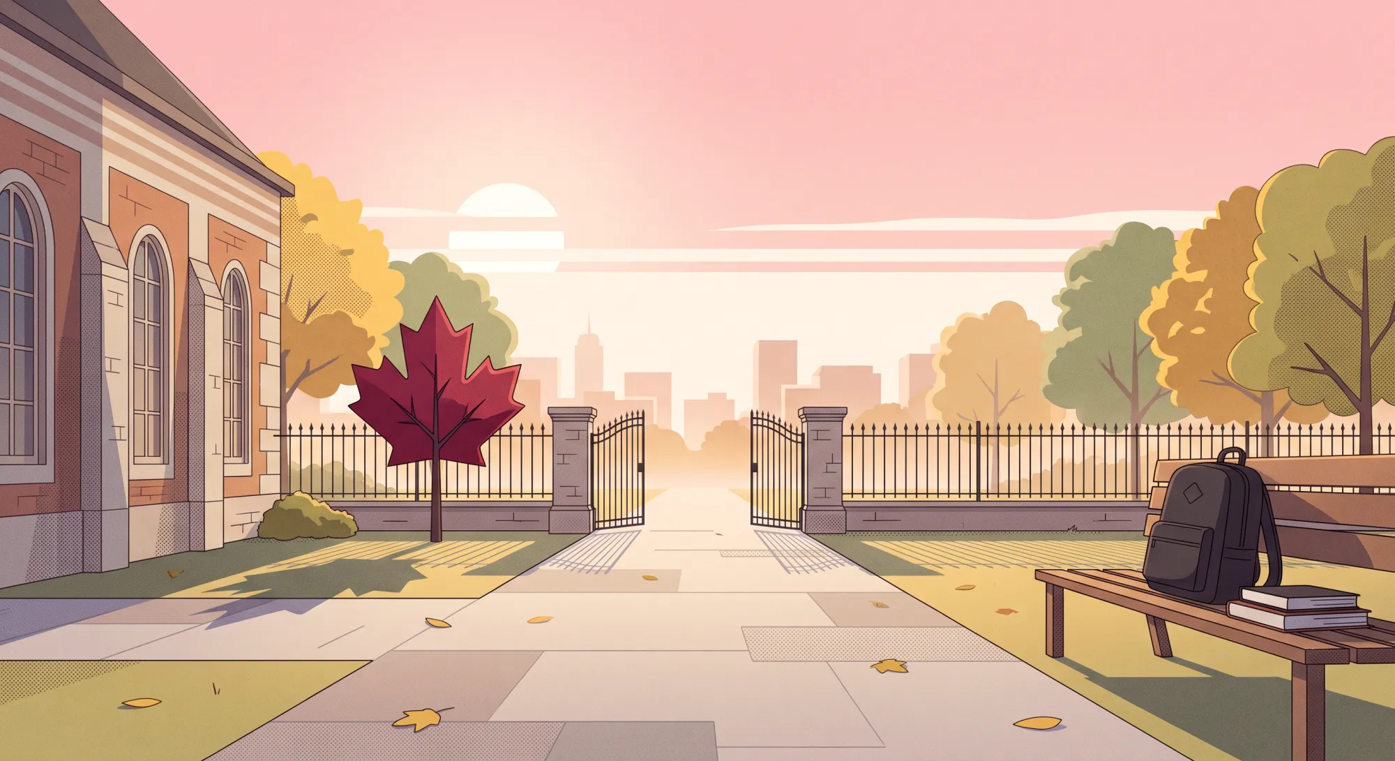 Illustration of an open campus gate beside a brick hall, with a maple tree and a backpack and books on a bench