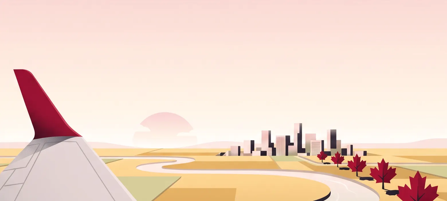 Illustration of a plane wing over prairie fields, with a river winding toward a city skyline lined with maple trees