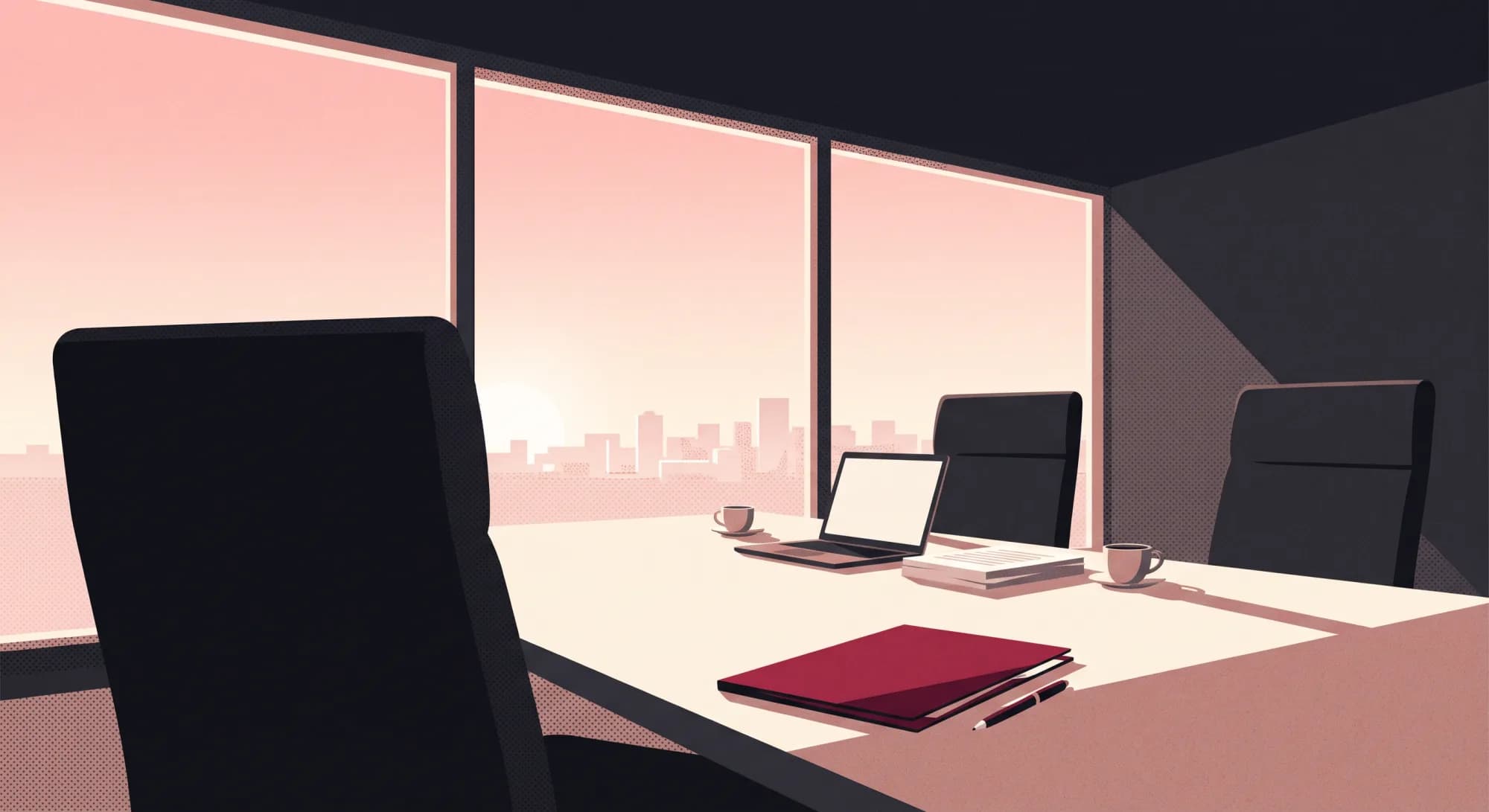 Illustration of an empty meeting-room table with a red folder, a laptop and coffee before a window onto a city at sunrise