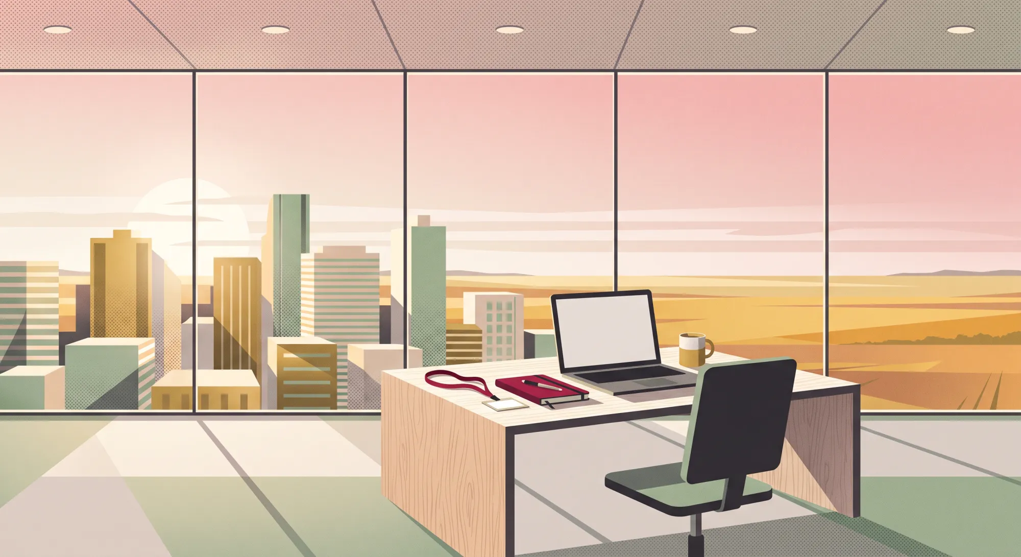 Illustration of a desk with a laptop, notebook and lanyard by an office window overlooking a city and prairie