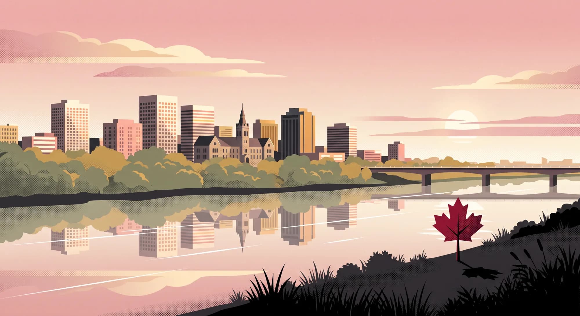 Illustration of a Manitoba city skyline reflected in the river at sunset, with a maple sapling on the near bank