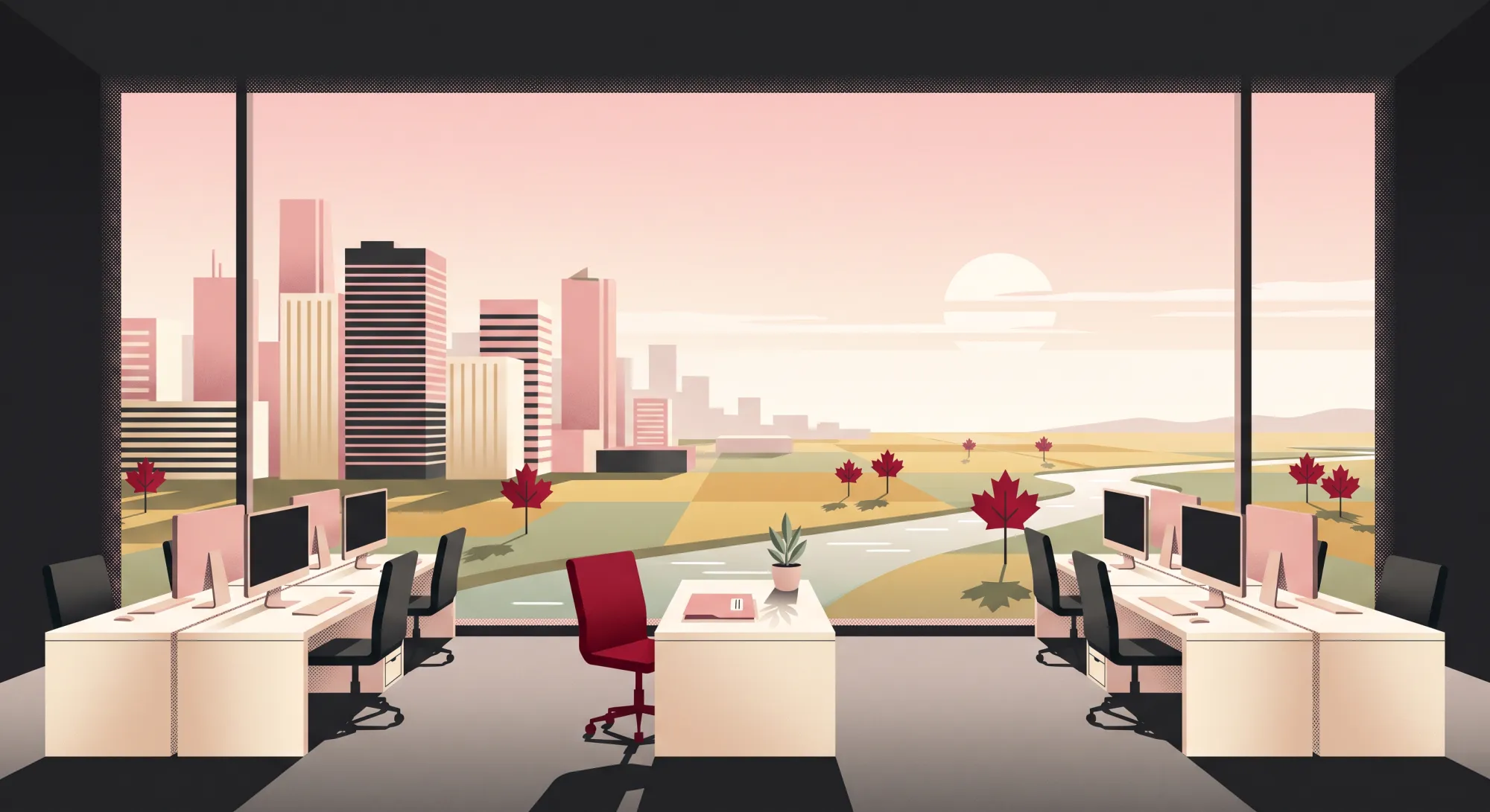 Illustration of an open-plan office with desks and monitors before a wide window onto a city, a river and maple trees